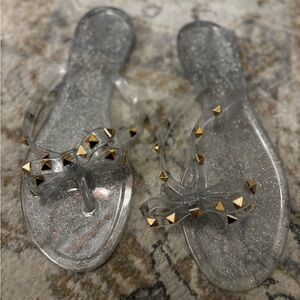 Clear Glitter Sandals with Gold Studs